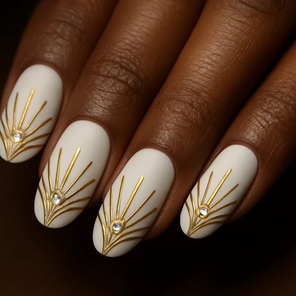 White matte nails with gold Art Deco fan radiating lines and crystal apex on deep warm dark skin editorial light — white nail art 2026