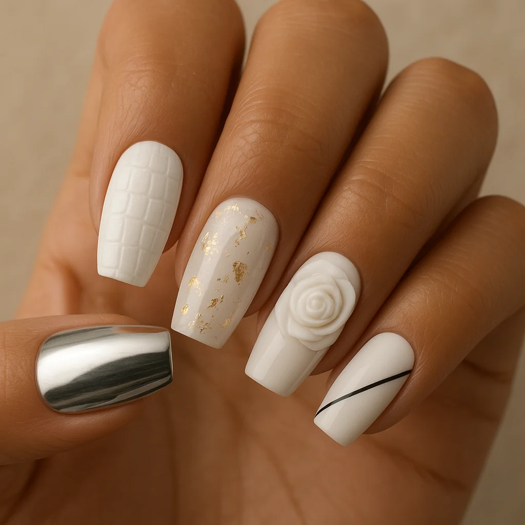 White maximalist collage nails five different white finishes and designs on one hand on warm medium brown skin editorial beauty studio — white nail 2026